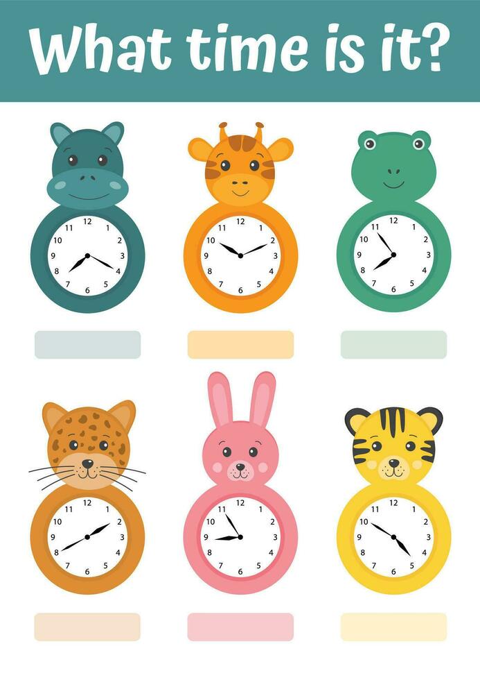Telling time educational activity with clock in shape of cartoon funny animals. Preschool time learning. A game for children. Worksheet for school kids. Useful games for preschool and kindergarten. vector