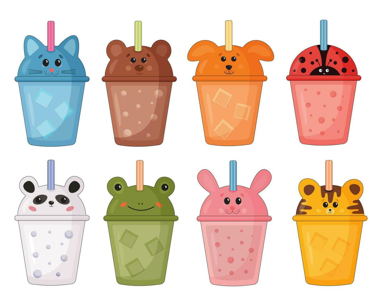 Collection of cheerful, friendly animal shaped lemonade, bubble tea drinks. Kawaii smiling sweets for kids. Bunny, cat, bear, dog, tiger characters. For t-shirt print, stickers, greeting card design. vector