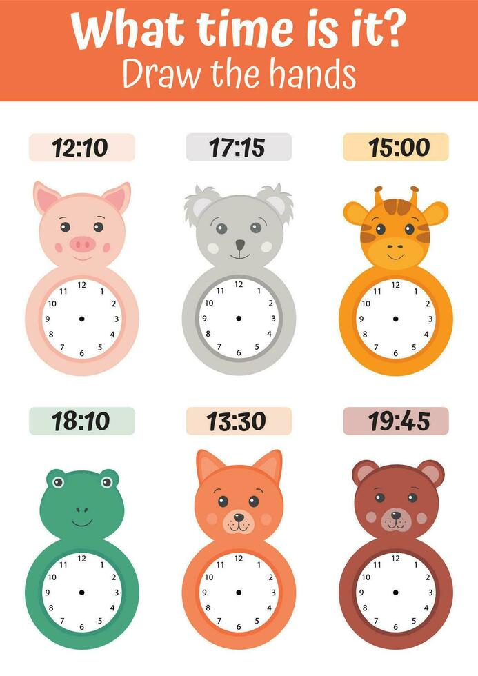 narración hora hoja de cálculo para preescolar niños a identificar el tiempo. reloj caras con gracioso animales niños preescolar jugando, aprendizaje actividad. educativo tarea para el desarrollo de lógico pensamiento. vector