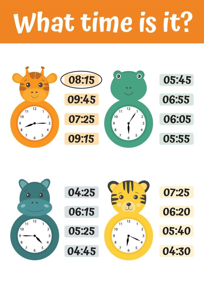 Worksheet for school kids to identify the time. Tell time set with