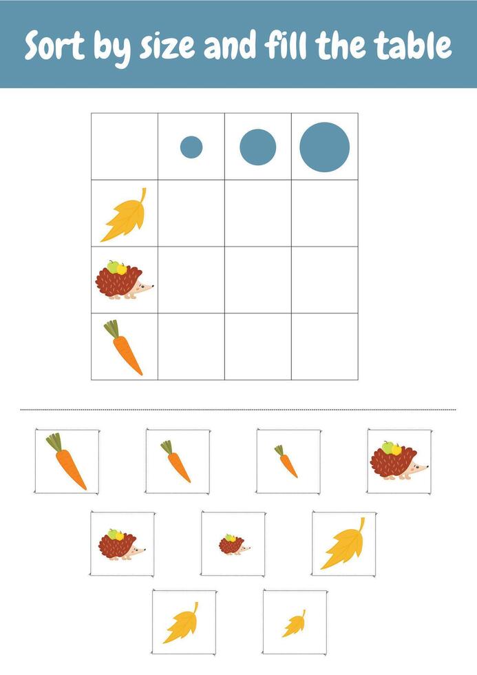 Match by size. Sort by size. Size sorting game. Kindergarten logic kid lessons, skill play puzzle for kids. Logical games for preschool, kindergarten learning, homeschooling. Autumn objects. vector