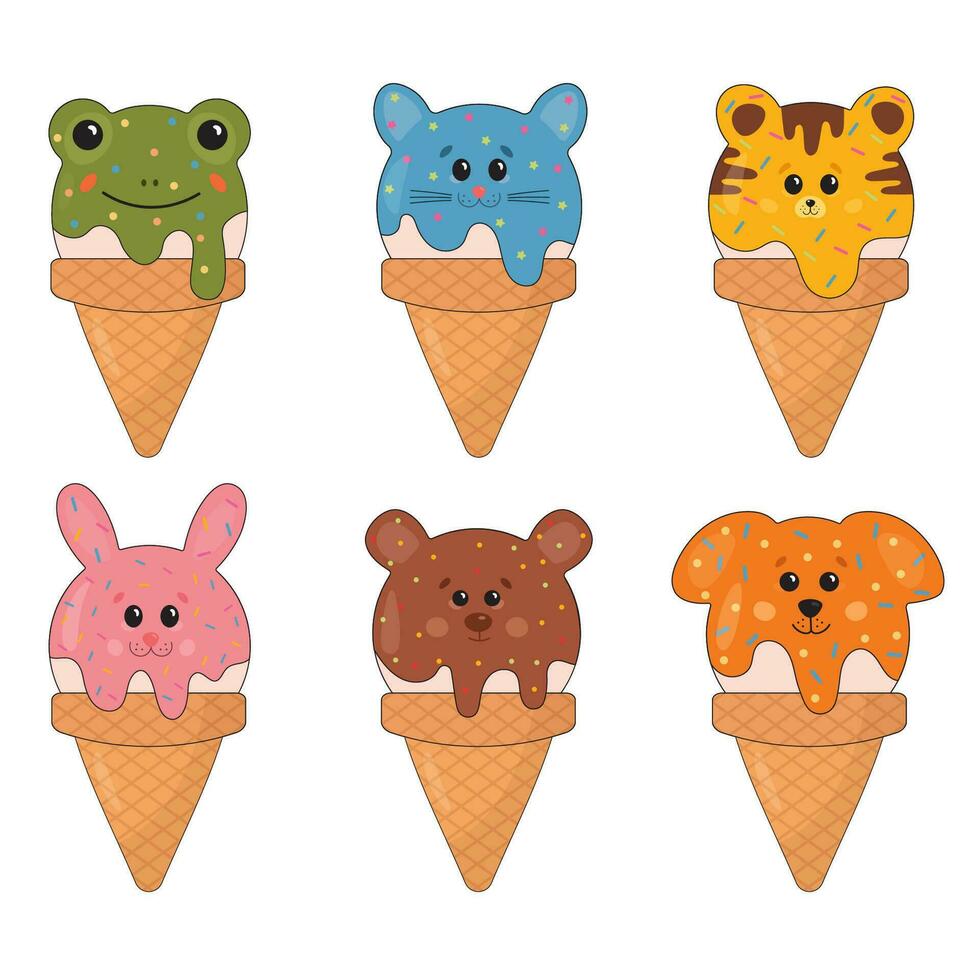 Collection of cheerful, friendly animal shaped ice creams. Kawaii smiling sweets for kids. Bunny, cat, bear, dog, tiger characters. Dessert set for t-shirt print, stickers, greeting card design. vector