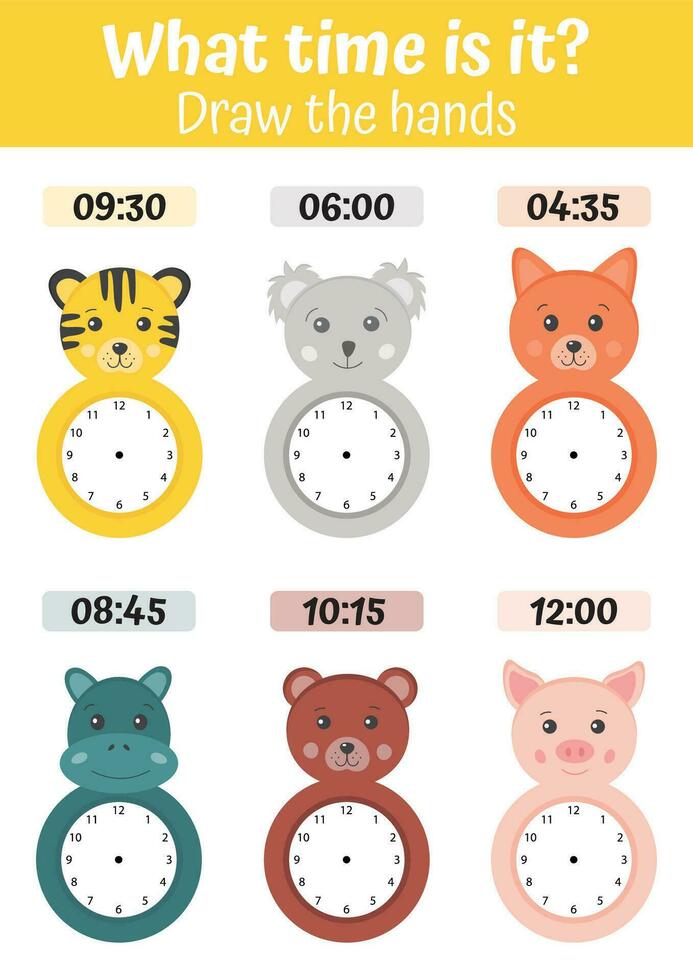 narración hora hoja de cálculo para preescolar niños a identificar el tiempo. reloj caras con gracioso animales niños preescolar jugando, aprendizaje actividad. educativo tarea para el desarrollo de lógico pensamiento. vector