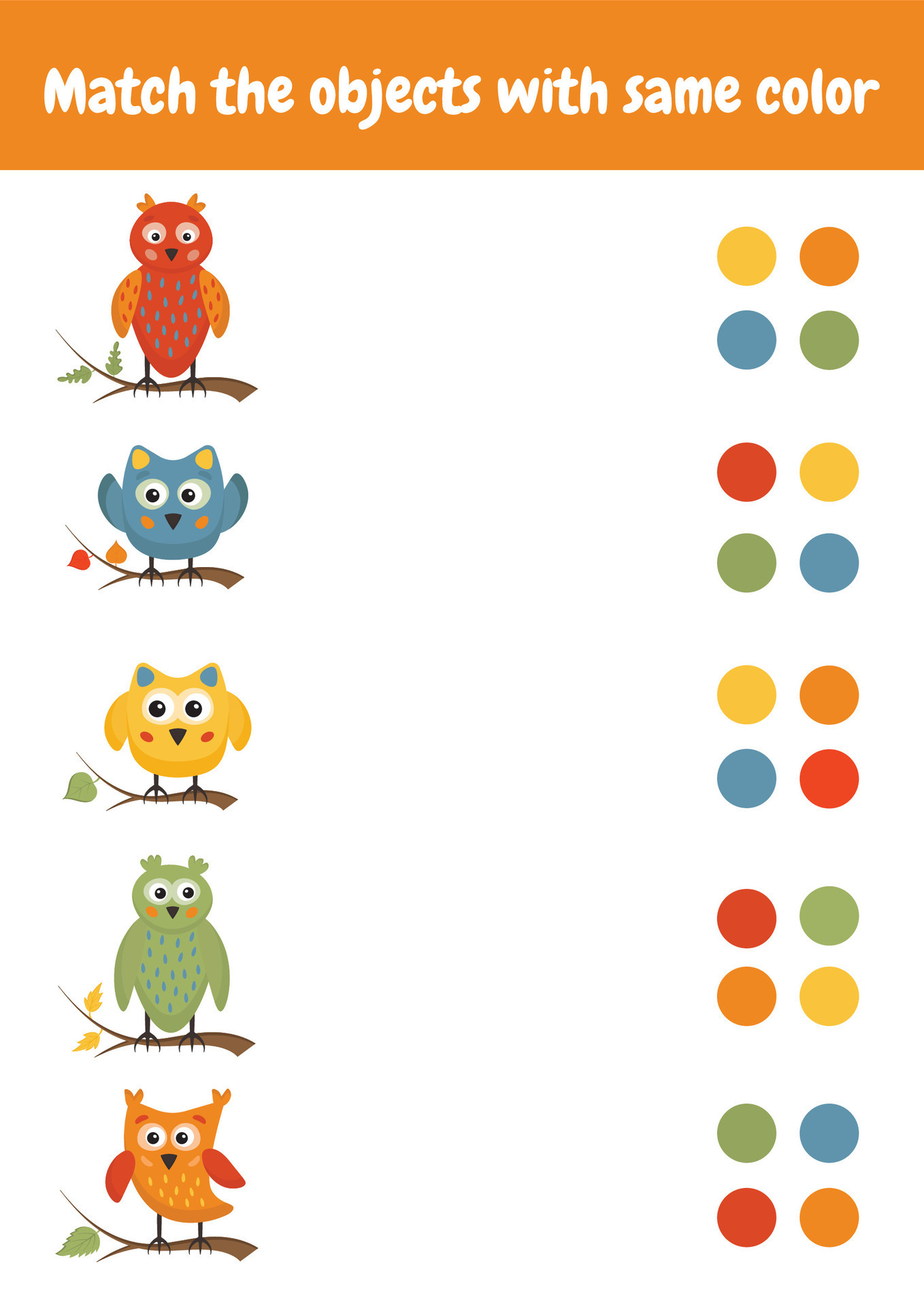 Match the objects with the same color. Color sorting game. Printable