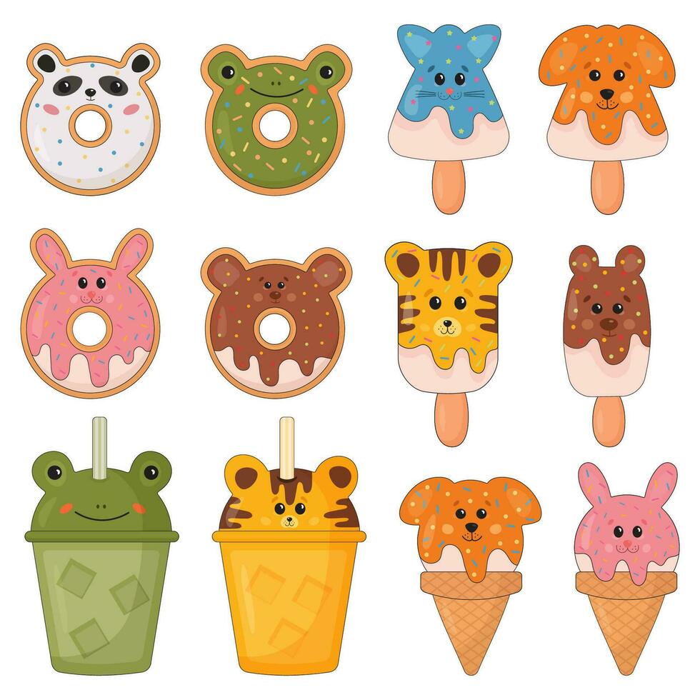 Collection of cheerful, friendly ice cream and sweets animal shaped characters. Kawaii smiling donuts, ice cream, lemonade, drinks. Dessert set for t-shirt print, stickers, greeting card design. vector