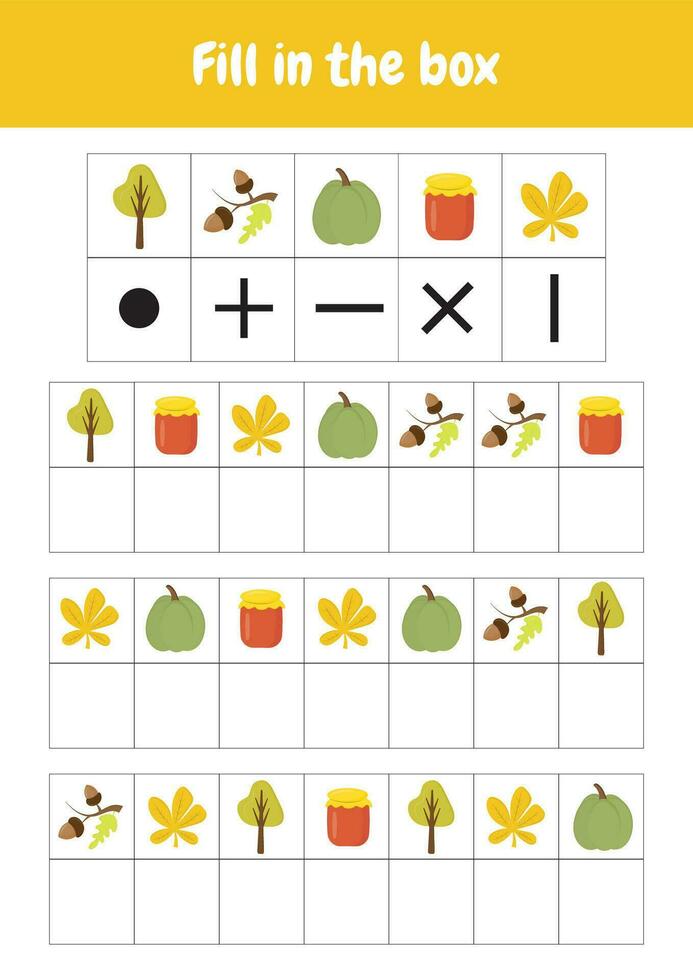 Fill in the box. Decode encode picture. Printable worksheets activities preschool education, kindergarten, homeschooling, pedagogical purpose. Logical game early cognitive development. Autumn objects. vector