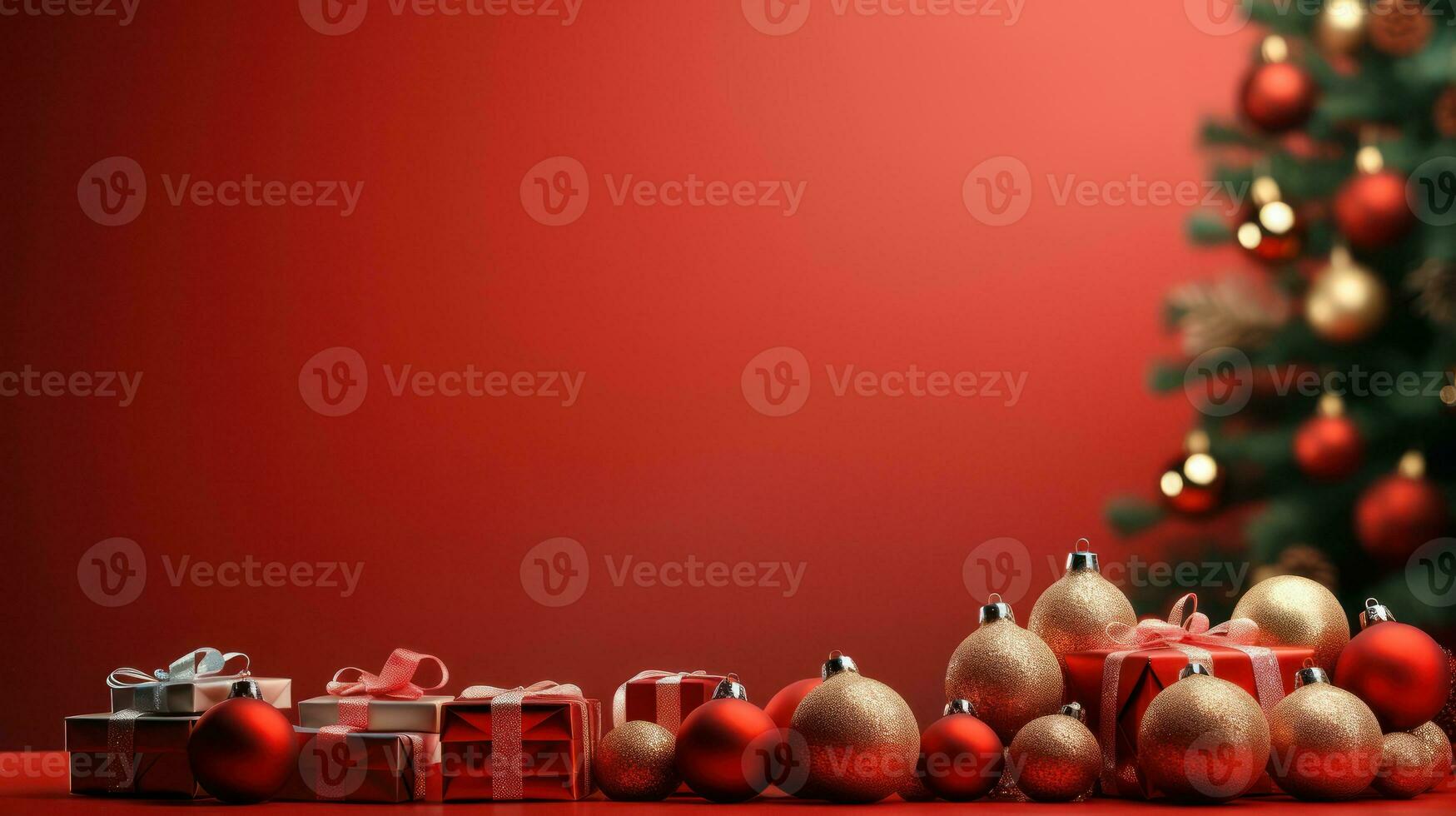 Christmas composition. Christmas red decorations, fir tree branches on red background. Generative Ai. photo