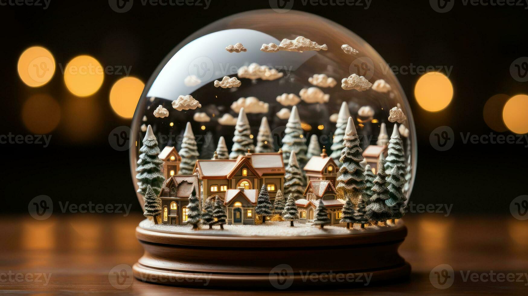 Snow Globe Christmas Magic Ball with Christmas tree and blurred lights on the background. Generative Ai. photo
