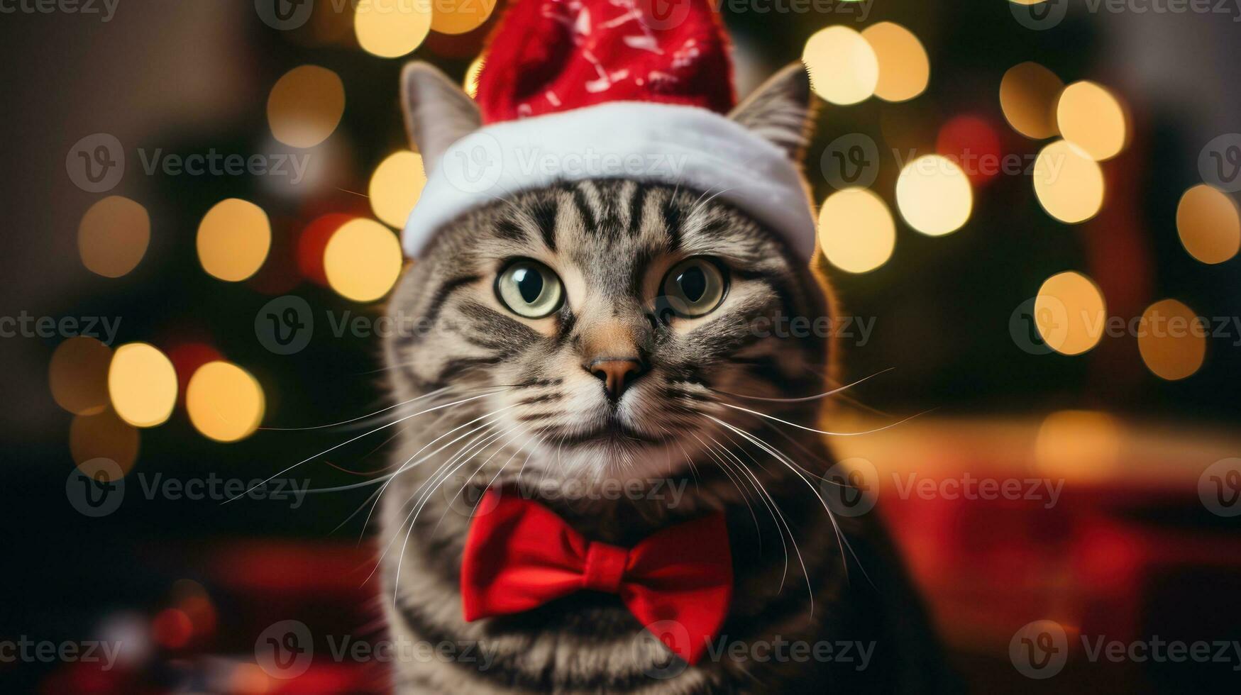 de cerca retrato de un linda gato en un rojo Papa Noel claus sombrero entre ardiente luces en el antecedentes de un invierno Nevado paisaje. nuevo año fiesta. copos de nieve en el aire. generativo ai. foto