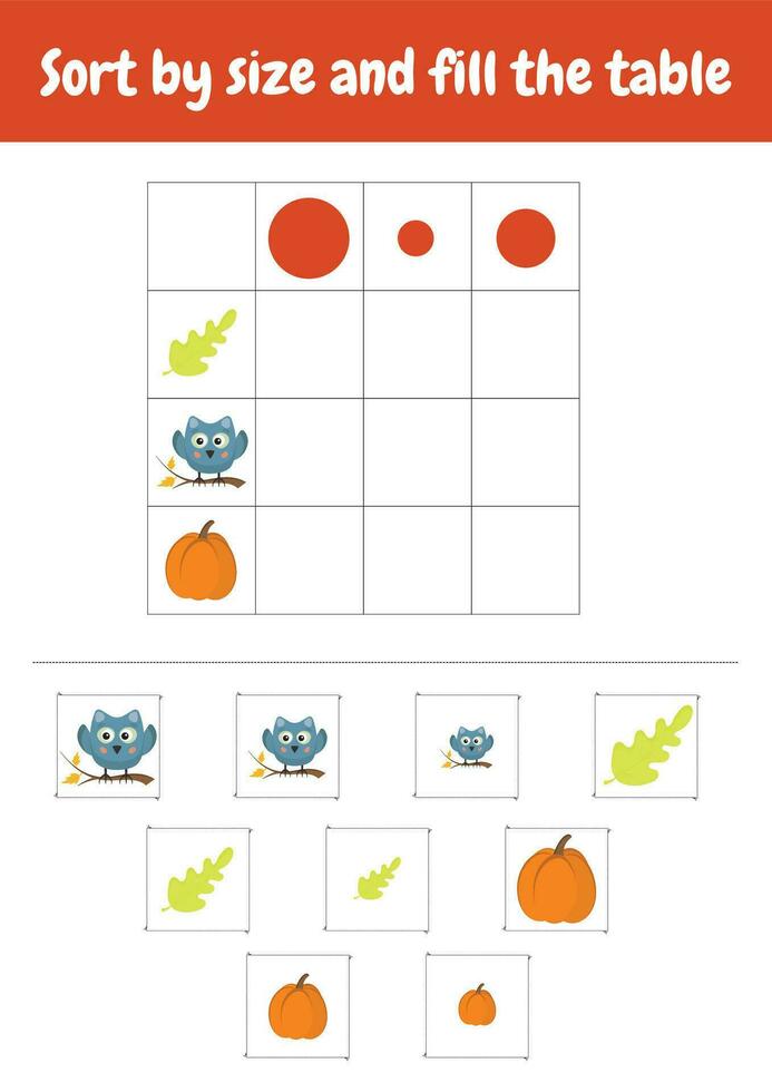 partido por tamaño. ordenar por tamaño. Talla clasificación juego. jardín de infancia lógica niño lecciones, habilidad jugar rompecabezas para niños. lógico juegos para preescolar, jardín de infancia aprendiendo, educación en el hogar otoño objetos vector