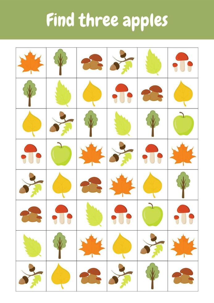 Find and count autumn objects. Worksheets activities for schooling, early education. Counting educational logical game, mathematic learning. I spy. Kid lessons, skill play puzzle for kids. vector