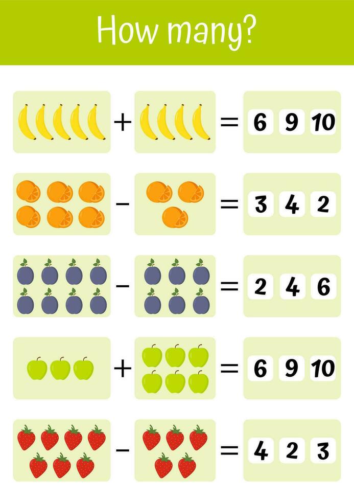 Colorful and playful worksheets for kids to practice addition, subtraction, counting, logic puzzles. Suitable for preschools, pedagogic purposes, kindergartens. Vegetables and fruits mathematic lists. vector