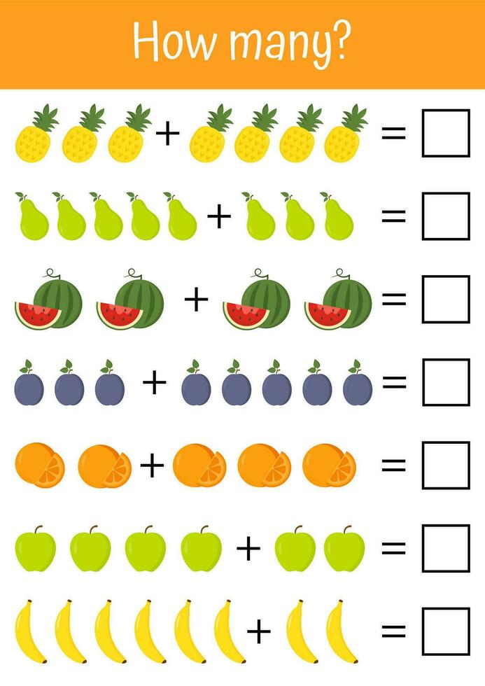 vistoso, juguetón matemáticas hojas de trabajo para temprano niño desarrollo, suma, y sustracción ejercicios para preescolar educación, pedagógico usar. verduras, frutas matemático liza. contando, cómo muchos juego vector