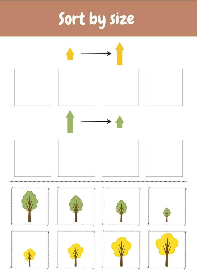 partido por tamaño. ordenar por tamaño. Talla clasificación juego. jardín de infancia lógica niño lecciones, habilidad jugar rompecabezas para niños. lógico juegos para preescolar, jardín de infancia aprendiendo, educación en el hogar otoño objetos. vector