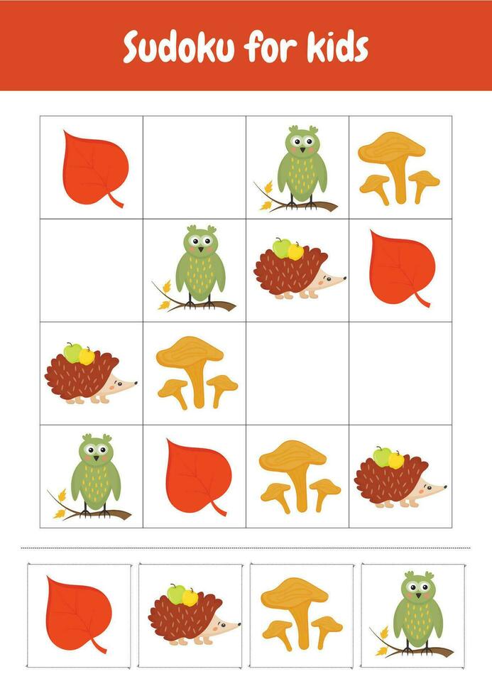 Sudoku for kids. Simplified Sudoku puzzles. Printable worksheets activities preschool education, kindergarten, homeschooling, pedagogical purpose. Logical game. Autumn objects. vector