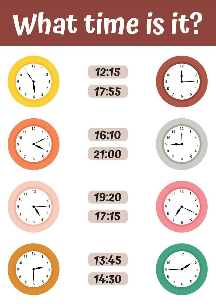 Useful games with clock for preschool children. Tell time set with clock funny animals for kids. What time is it Kids preschool playing, learning activity. Worksheet for school kids. vector