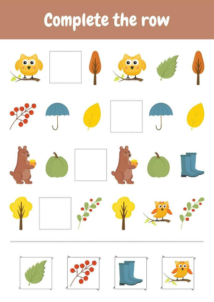 Child preschool activity worksheet. Complete the row. What comes next. Education logic game for children, preschool, kindergarten homeschooling. Autumn objects. vector