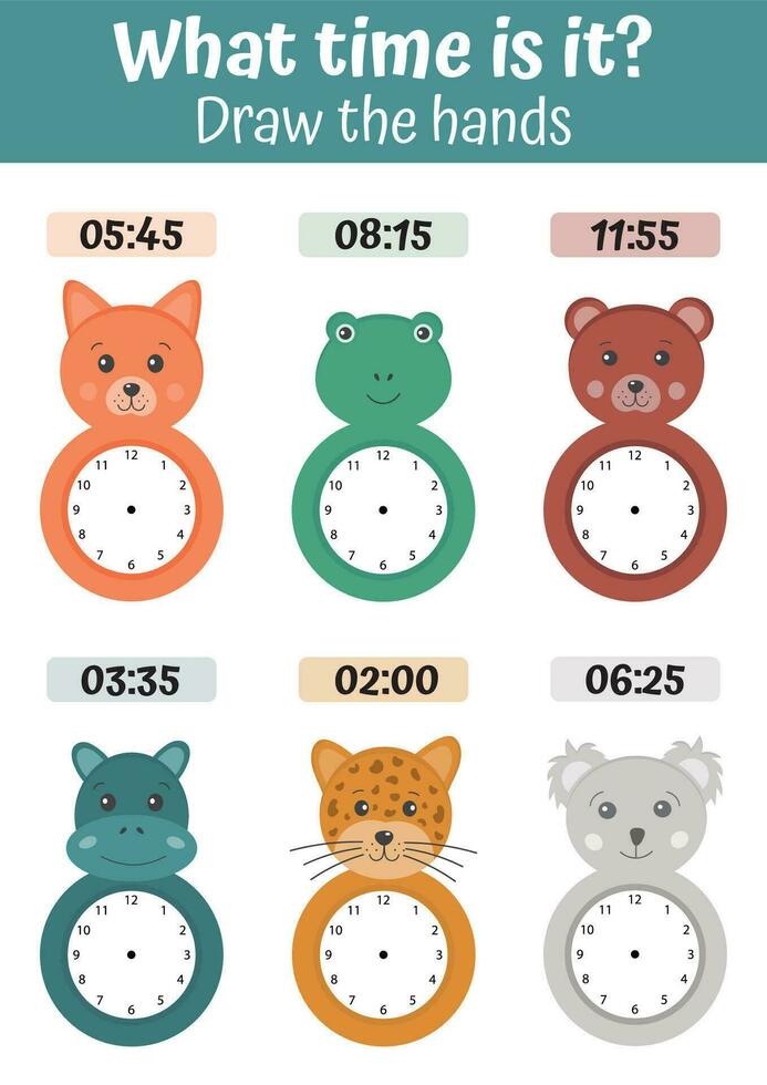 Telling time worksheet for preschool kids to identify the time. Clock faces with funny animals. Kids preschool playing, learning activity. Educational task for the development of logical thinking. vector
