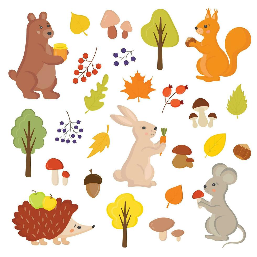 Set of autumn elements, cute forest animals, falling leaves, pumpkins, mushrooms, berries. Bunny, squirrel, hedgehog, bear, mouse. Collection for scrapbook, card, poster, stickers. Cartoon childish. vector