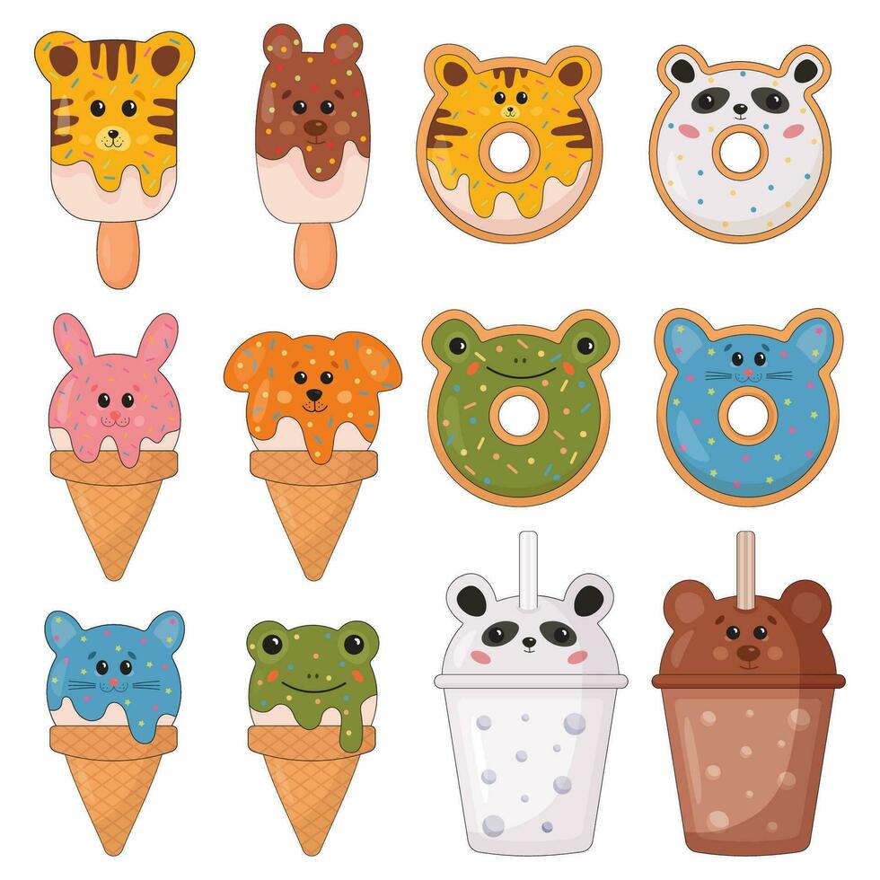 conjunto de linda animal conformado dulce postres en kawaii estilo, sonriente dulces hielo crema, rosquilla, cono, limonada, burbuja té. postre y dulce colección para camiseta imprimir, pegatinas, saludo tarjeta diseño. vector