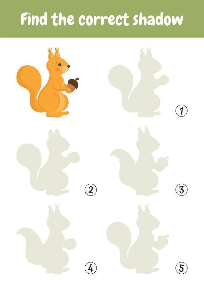Find the correct shadow. Identify shadows for each object.  Preschool worksheet activity. Kindergarten logic kid lessons, skill play puzzle for kids, education, kindergarten, homeschooling, pedagogic. vector