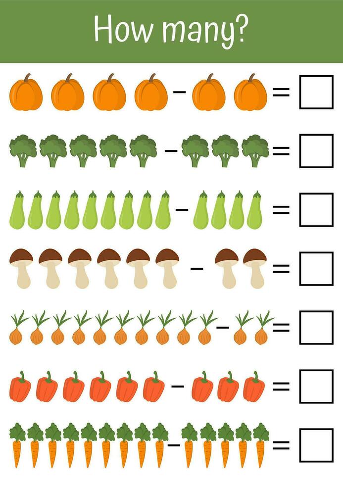 Addition, subtraction, and counting for early child development. Perfect for schools and kindergartens. Vegetables and fruits mathematic lists. Match the correct answers, learn math with interest. vector