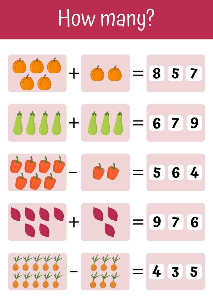 interactivo y vistoso matemáticas ejercicios para niños. suma, sustracción, y matemático juegos. ideal para preescolar educación y pedagógico propósitos. vegetales y frutas matemático liza. vector