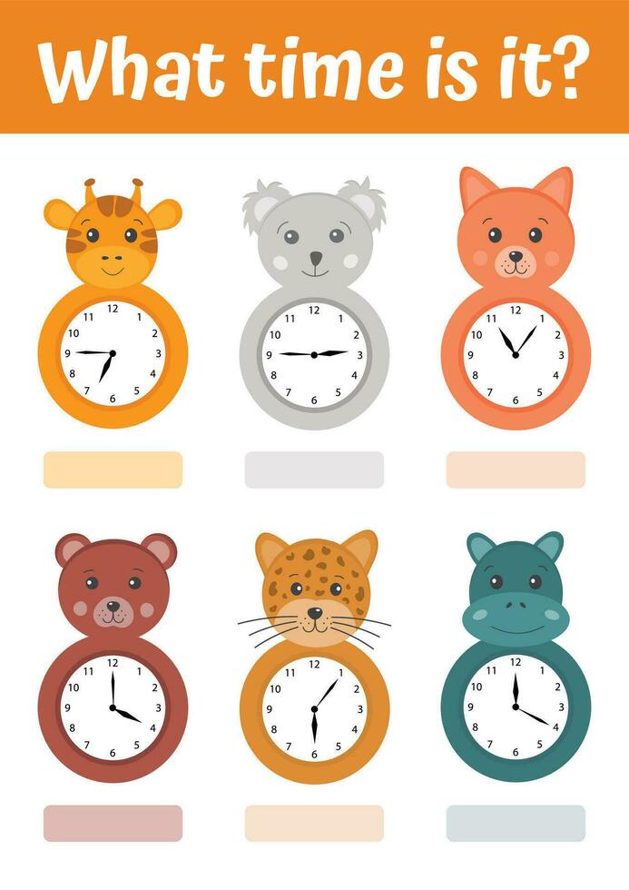 actividad educativa de contar la hora con reloj en forma de animales divertidos de dibujos animados. aprendizaje del tiempo preescolar. un juego para niños. hoja de trabajo para niños en edad escolar. juegos útiles para preescolar y jardín de infantes. vector