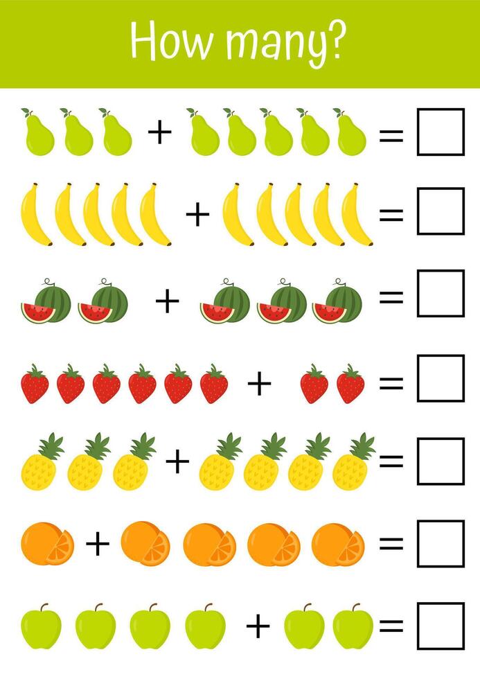 How many game with counting worksheets for kids to practice mathematic addition, subtraction, and logic puzzles. Suitable for preschool, kindergartens, early child development and homeschooling. vector