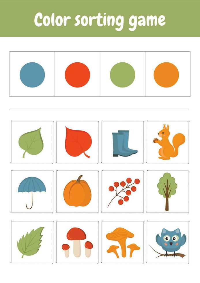 ordenar y partido objetos establecido en colores. color clasificación lógico juego. conectar objetos a su color grupos educación lógica juego para niños, preescolar, jardín de infancia educación en el hogar otoño objetos. vector