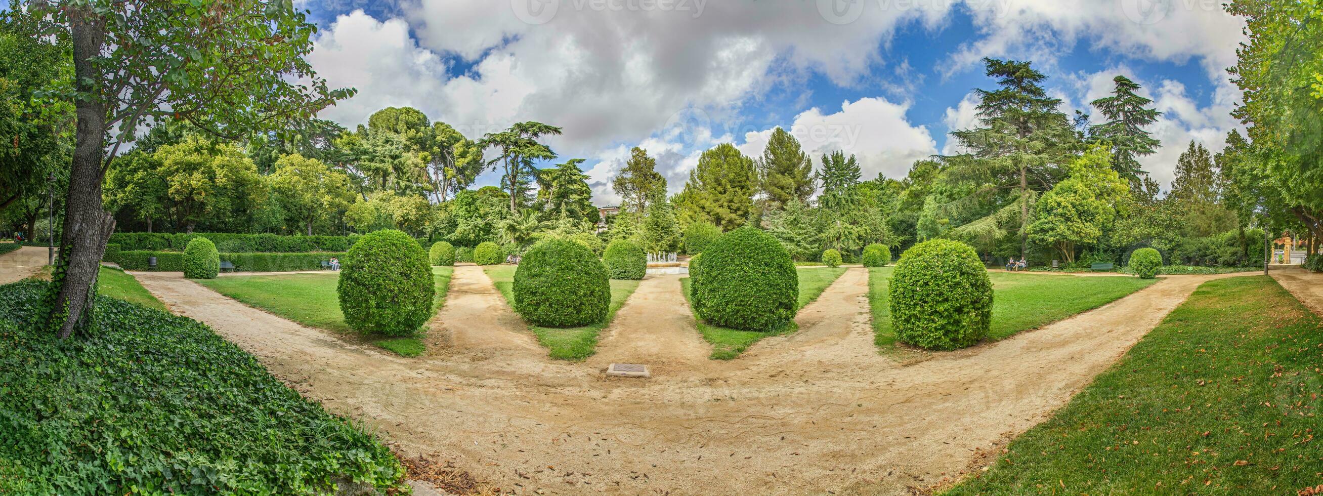 Impression from a well maintained garden with precisely cut bushes in summer photo