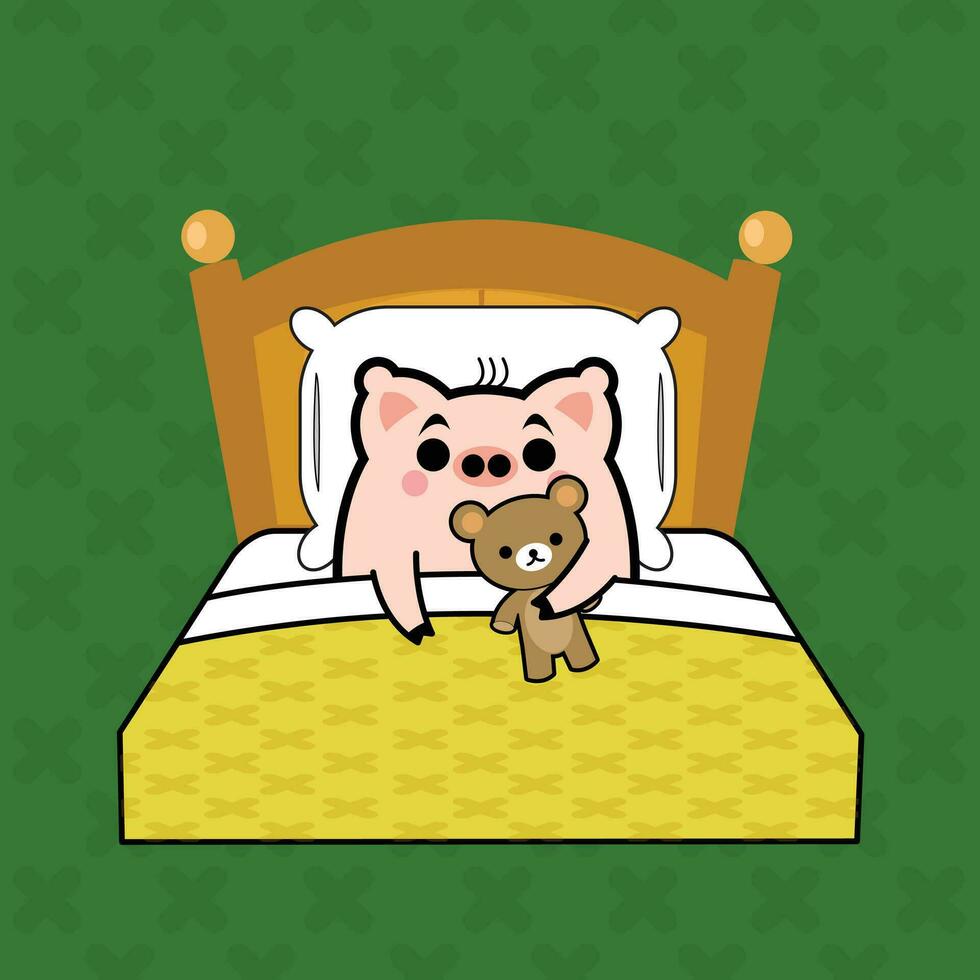 mascota cerdo con osito de peluche oso en cama gratis vector ilustraciones