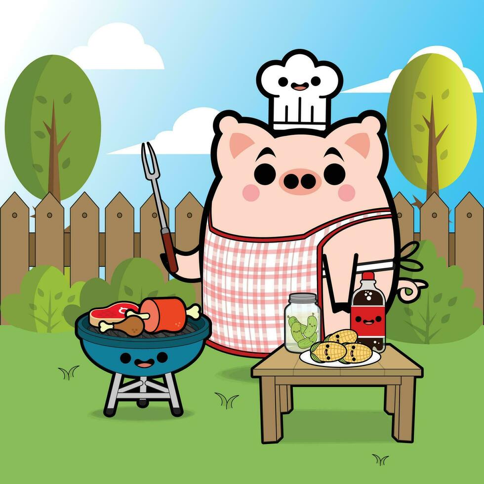 BBQ Party Background Cartoon Character Free Vector Illustrations