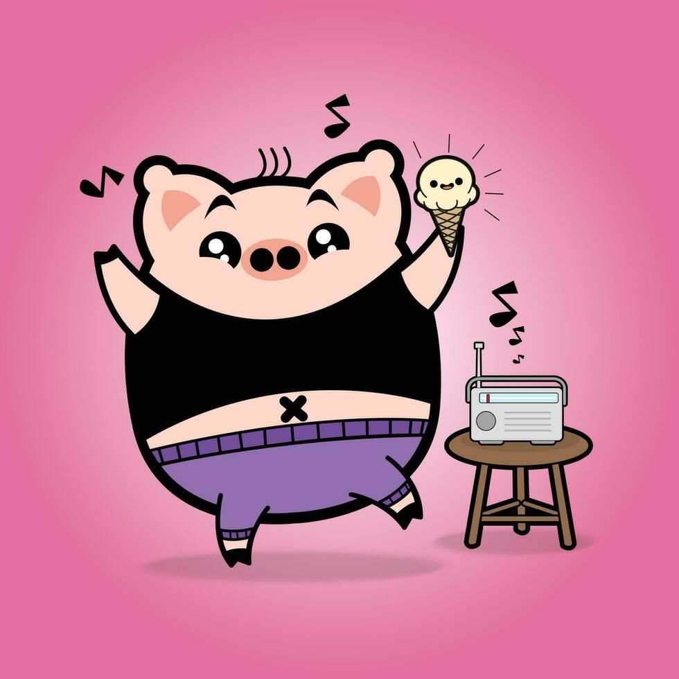 Cartoon Pig Dancing With Ice Cream Free Vector Illustrations
