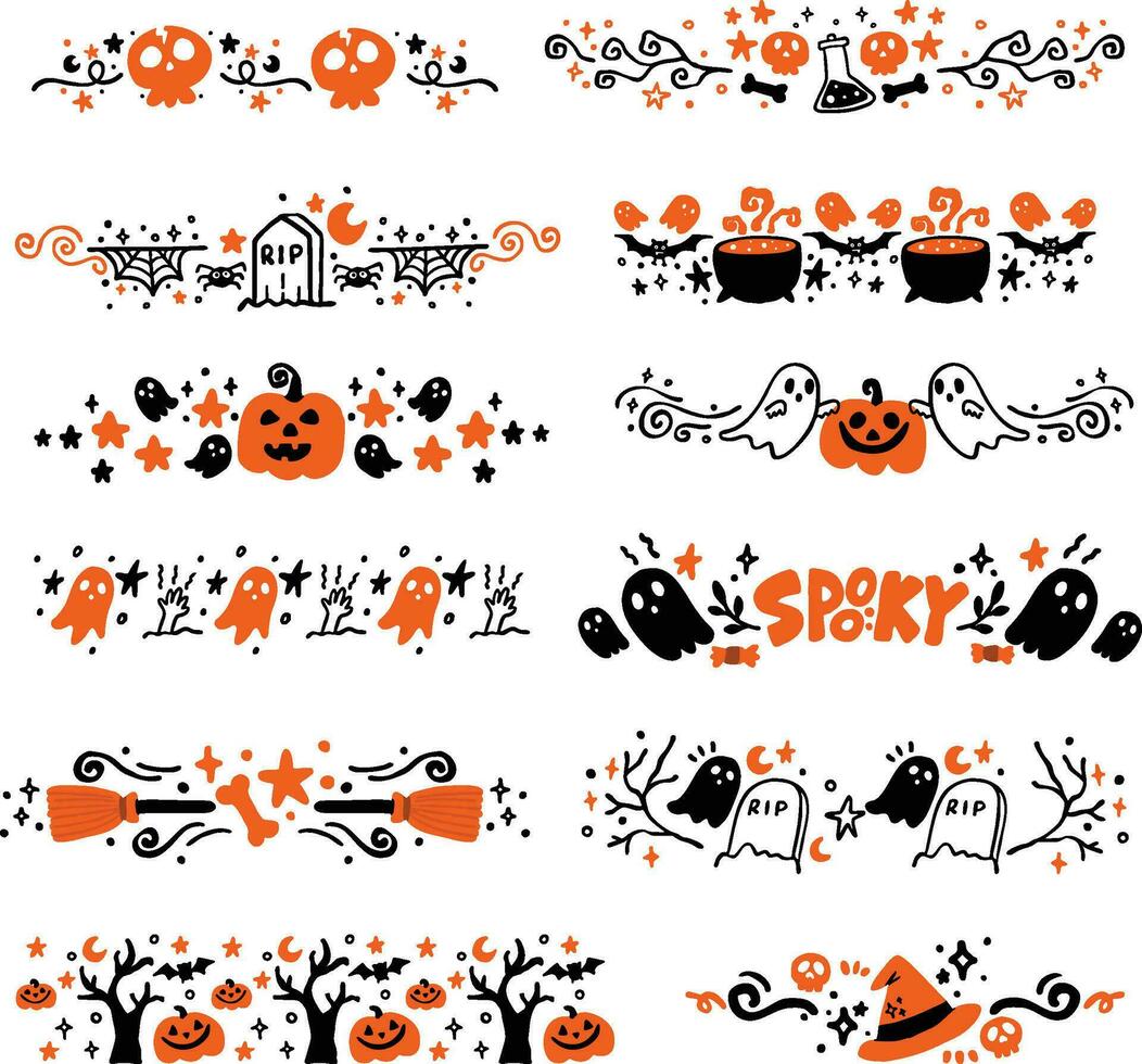 Set Collection Handdrawn Spooky Halloween Divider Frame vector Illustration