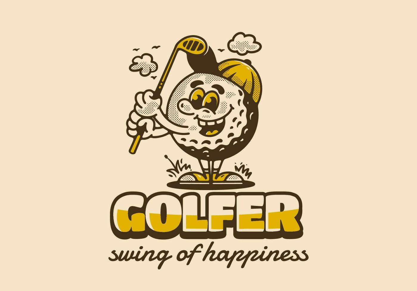 Golfer swing of happiness, mascot character illustration of golf ball holding a golf stick vector