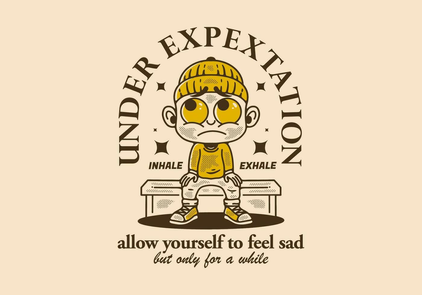 Under expectation, little man character wearing beanie with sad face vector