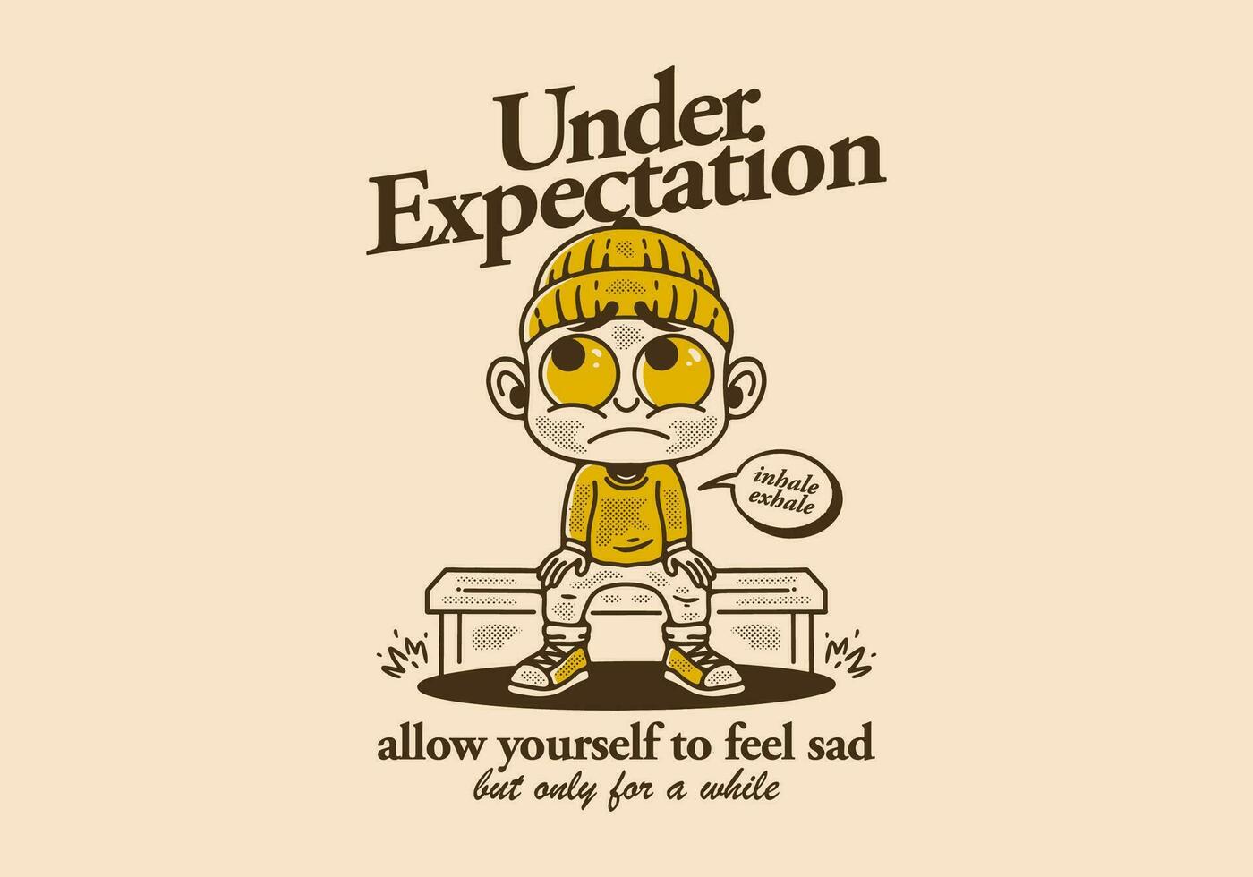 Under expectation, little man character wearing beanie with sad face vector