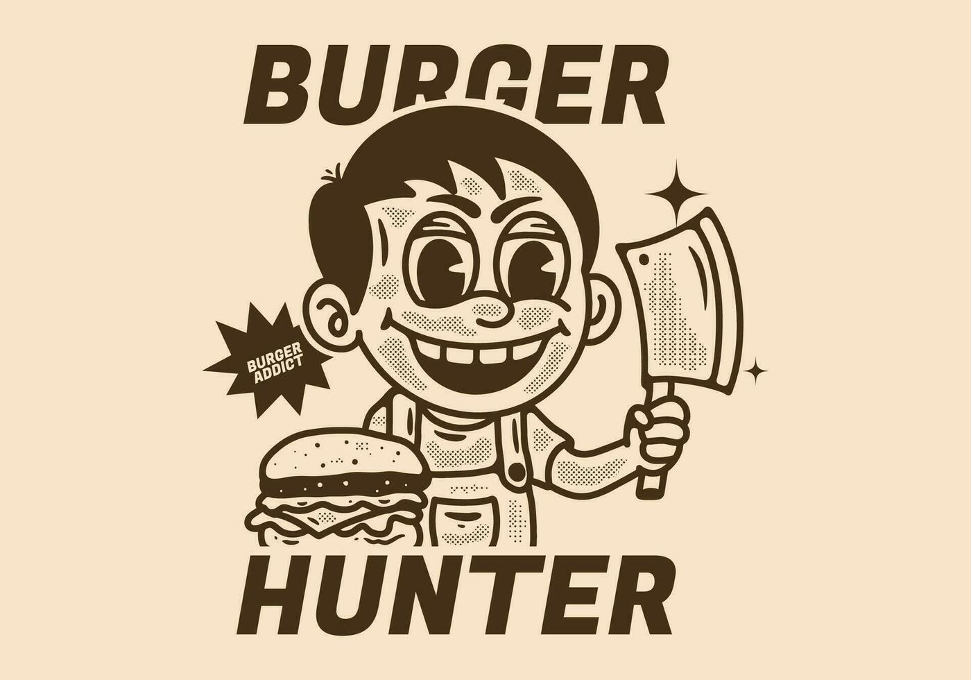 Burger hunter, illustration of a boy holding butcher knife with burger in front of him vector