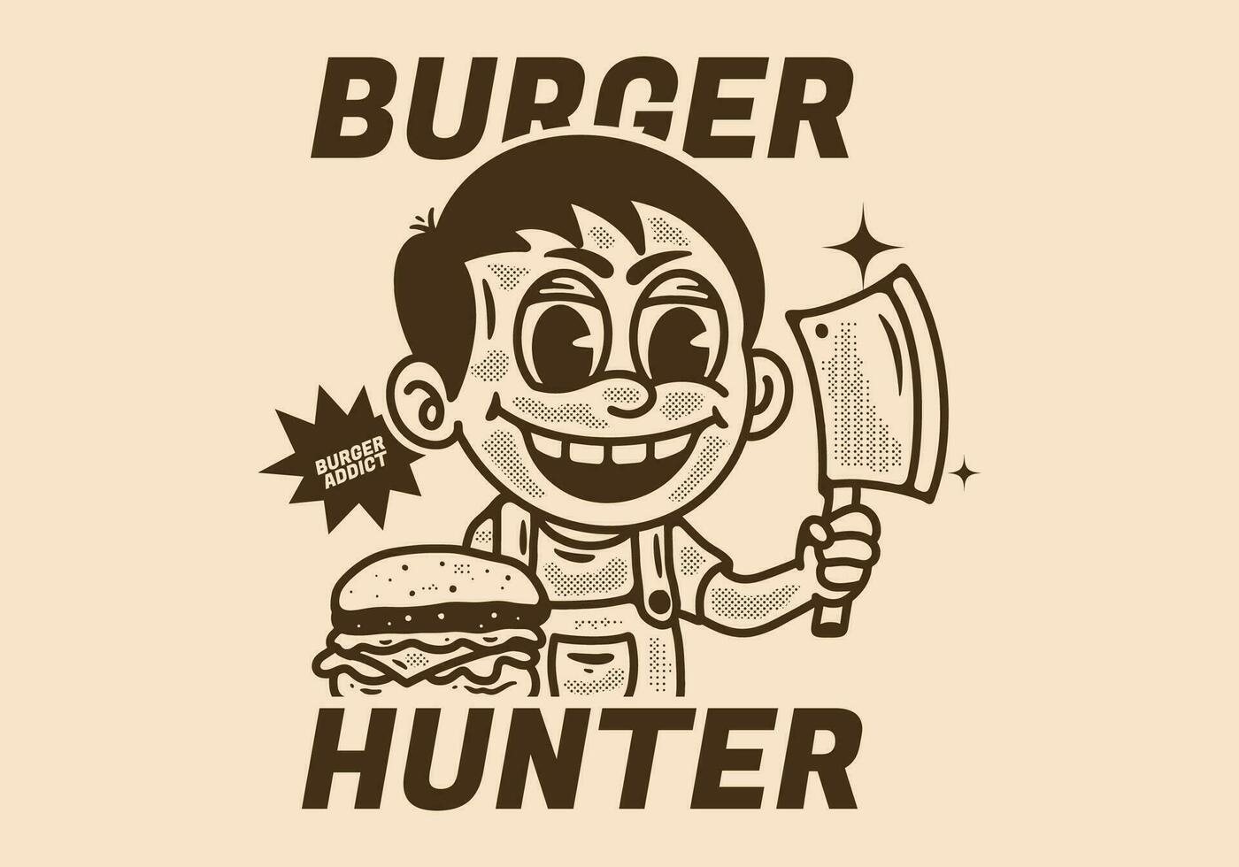 hamburguesa cazador, ilustración de un chico participación Carnicero cuchillo con hamburguesa en frente de él vector