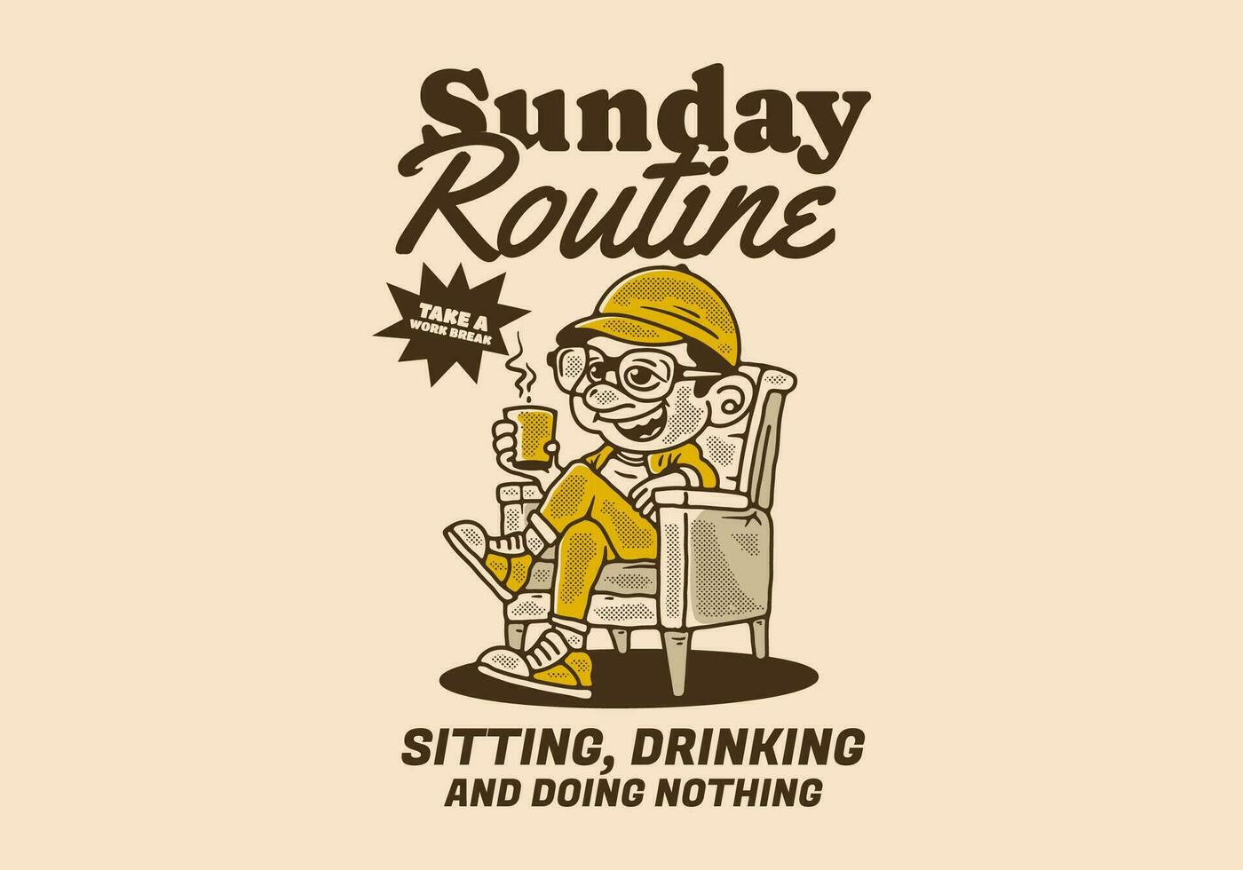Sunday routine, sitting drinking and doing nothing, illustration of a man relaxing on a chair and holding a cup of coffee vector