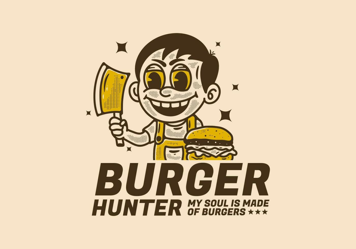 hamburguesa cazador, ilustración de un chico participación Carnicero cuchillo con hamburguesa en frente de él vector