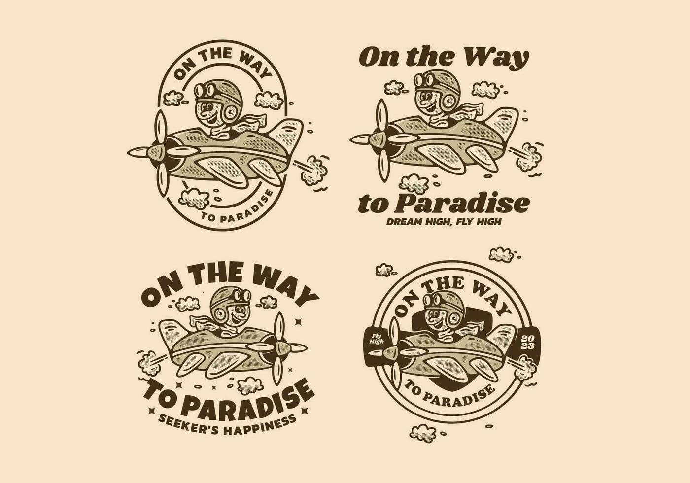 On the way to paradise, Four type Mascot character illustration of a little boy driving a plane vector