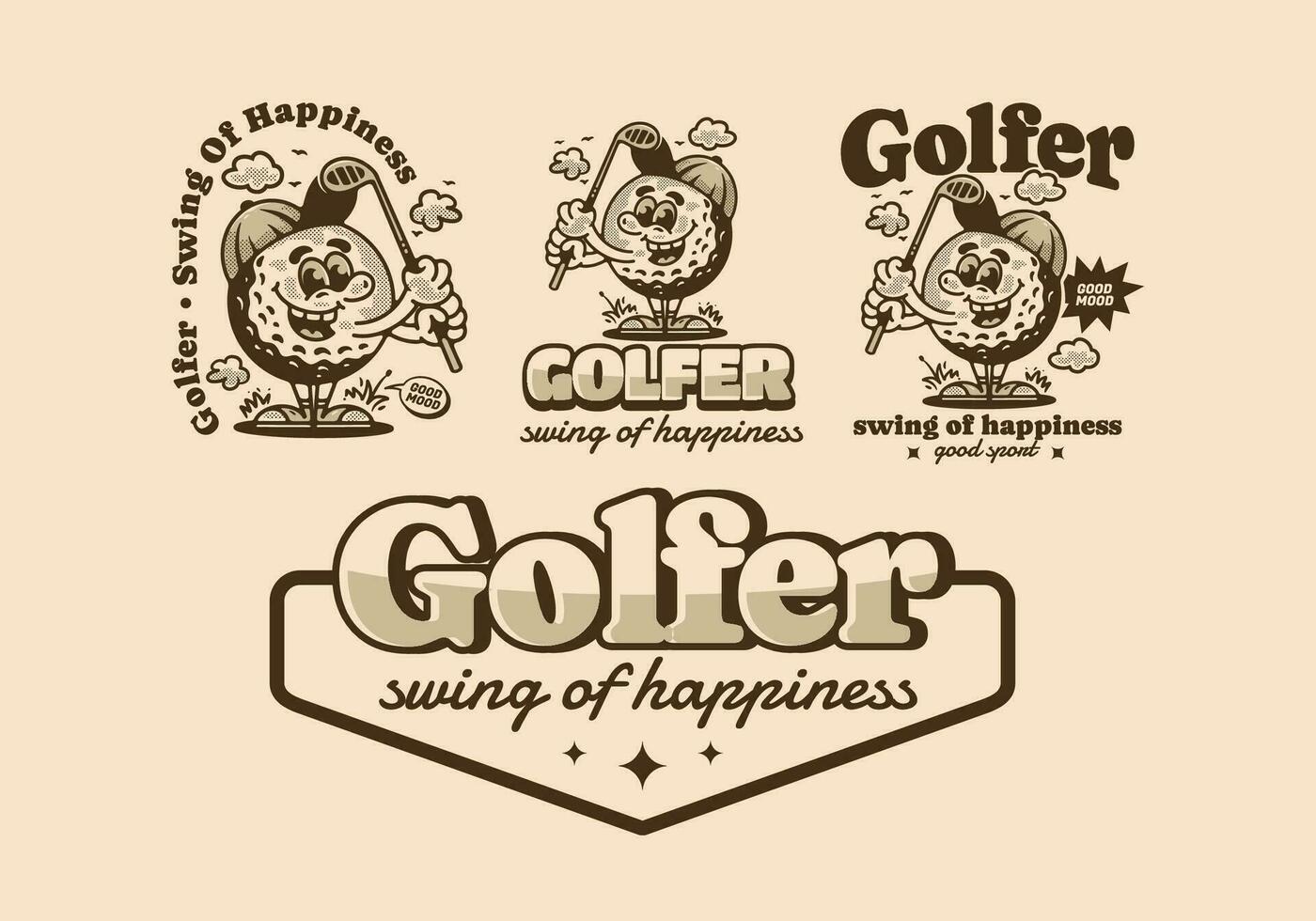 Golfer swing of happiness, mascot character illustration of golf ball holding a golf stick vector