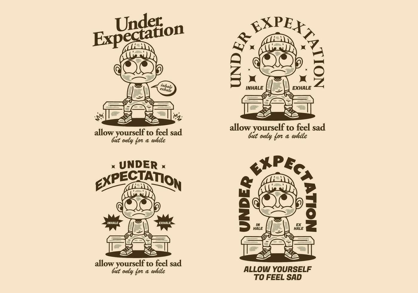 Under expectation, little man character wearing beanie with sad face vector