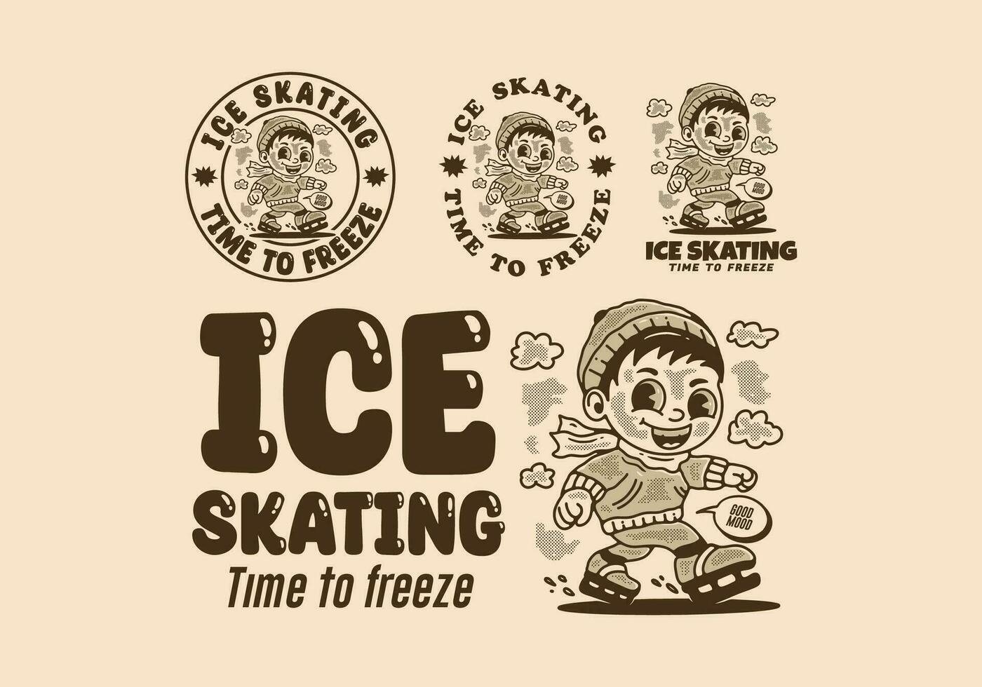 hielo Patinaje hora a congelar, mascota personaje ilustración de un pequeño chico jugando hielo patinar vector