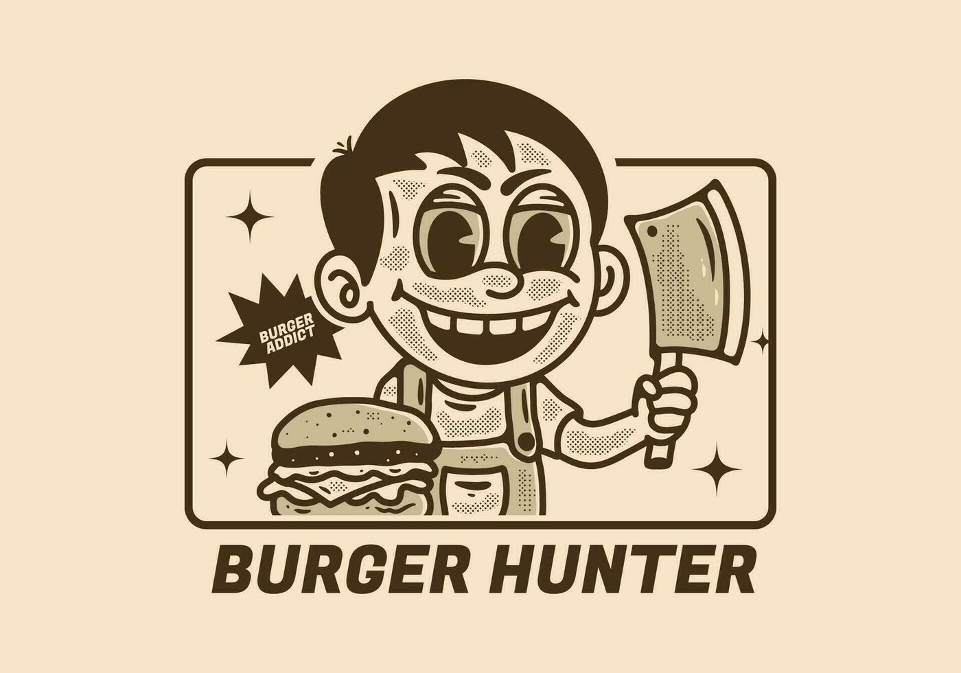 hamburguesa cazador, ilustración de un chico participación Carnicero cuchillo con hamburguesa en frente de él vector