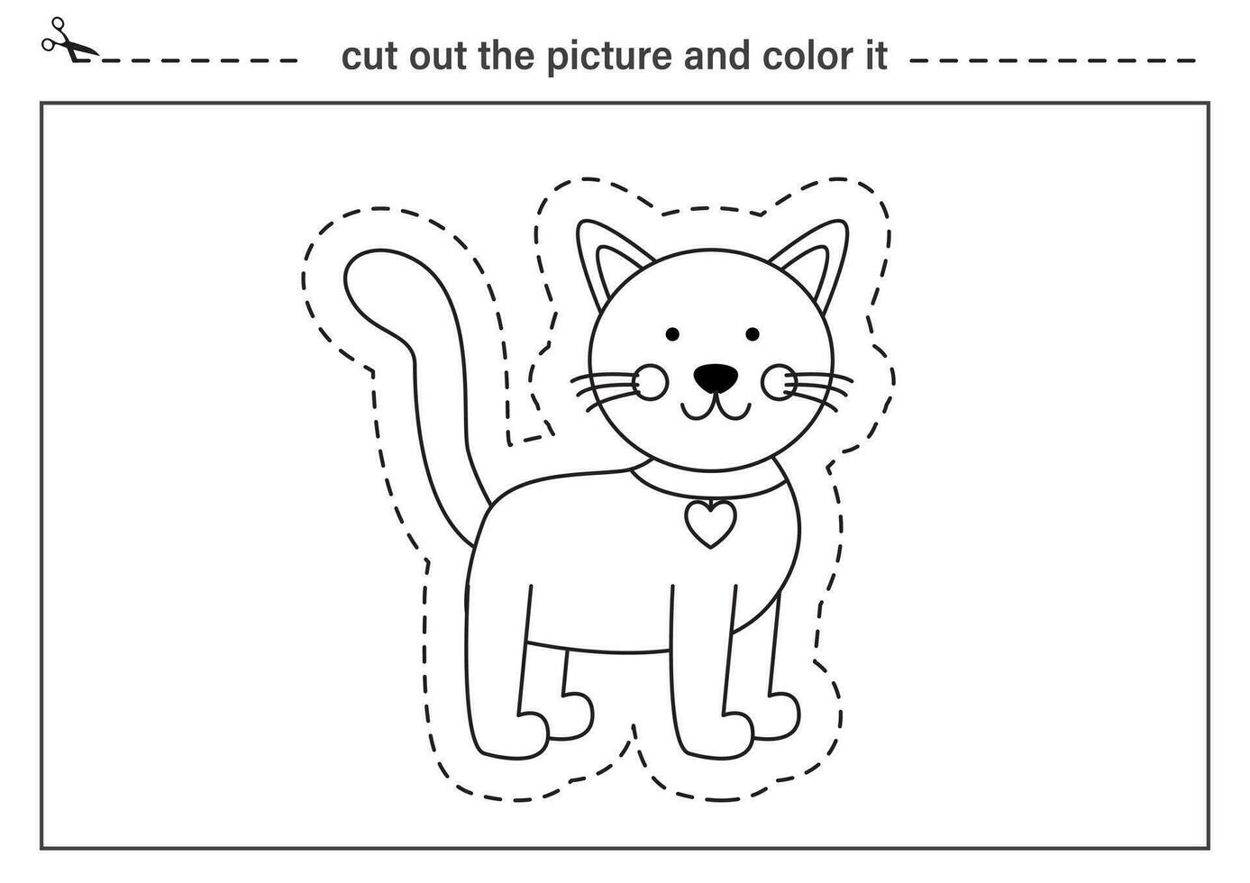 Cutting practice for kids. Black and white worksheet. Cut out and glue cute cat. vector