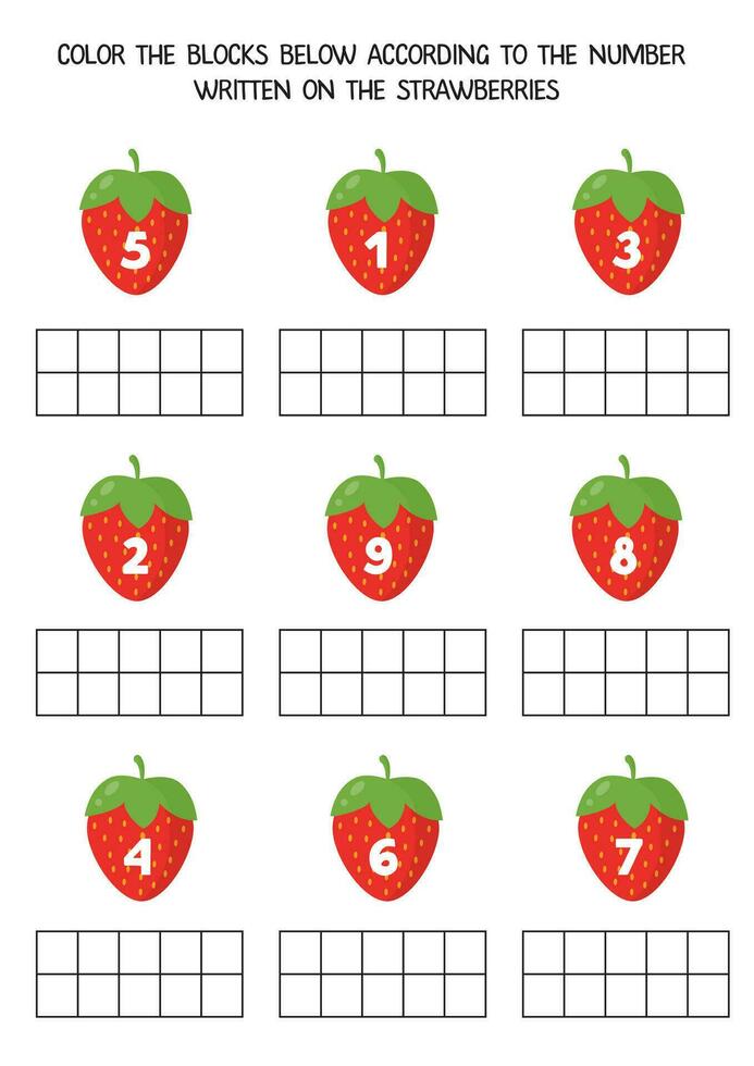 Worksheet for kids. Color the blocks below according to the number on the strawberries. vector