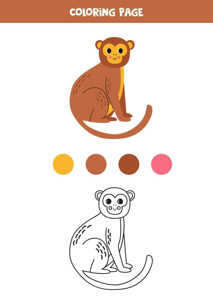 Color cartoon brown monkey. Worksheet for kids. vector